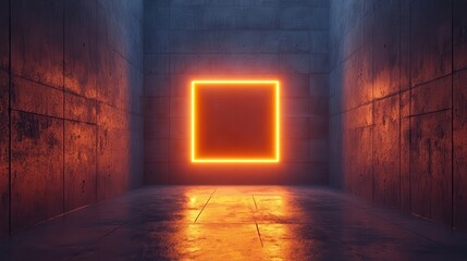 Poster - Concrete walls with a square orange neon light in the background, floor reflection. Great for technology, future, portal, or abstract conceptual design projects.