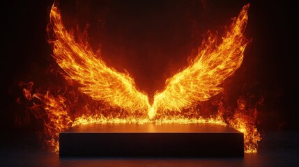 Fiery wings frame a dark pedestal, isolated on a black backdrop. Use as a powerful, dramatic stage for your product reveal or design.