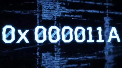 0x0000001A – Blue screen of death-inspired glitch animation, hexadecimal error code with RGB tearing and a corrupted system file screen