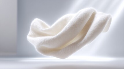 Poster - A delicate white fabric floats effortlessly in a serene space. Its soft texture and elegant form create a calming atmosphere. Perfect for showcasing textile design. AI
