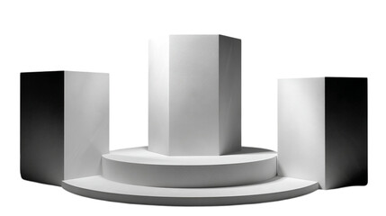 Poster - A minimalist display featuring white geometric shapes on a tiered platform against a black background