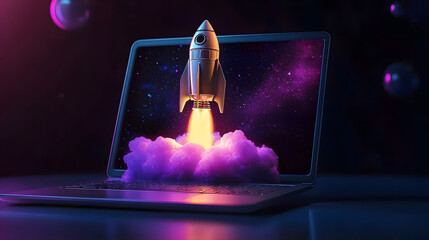 Poster - rocket coming out of laptop screen, black purple background.