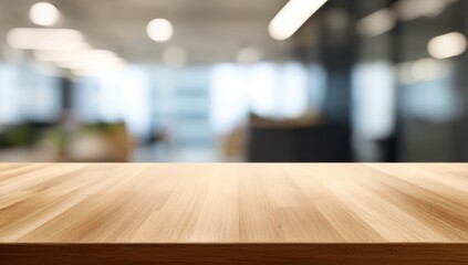 Poster - A wooden tabletop with a blurred modern office background, featuring bright lighting and large windows.