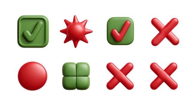 A set of eight rendered icons featuring check marks crosses a sphere and a spiky shape on black backdrop