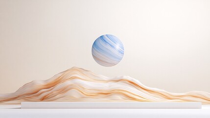 Poster - Floating Blue and Beige Marble Sphere Above Textured Waves
