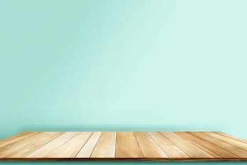 Poster - Empty wooden table with a light turquoise wall background, perfect for product display or presentation.