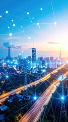 Poster - Night cityscape with glowing network connections, illuminated roads, and modern architecture.
