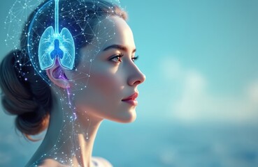 Poster - Futuristic art showcases digital technology human anatomy. Woman with glowing lung graphic. Cybernetic illustration represents bio tech. Blue abstract background, health innovations.