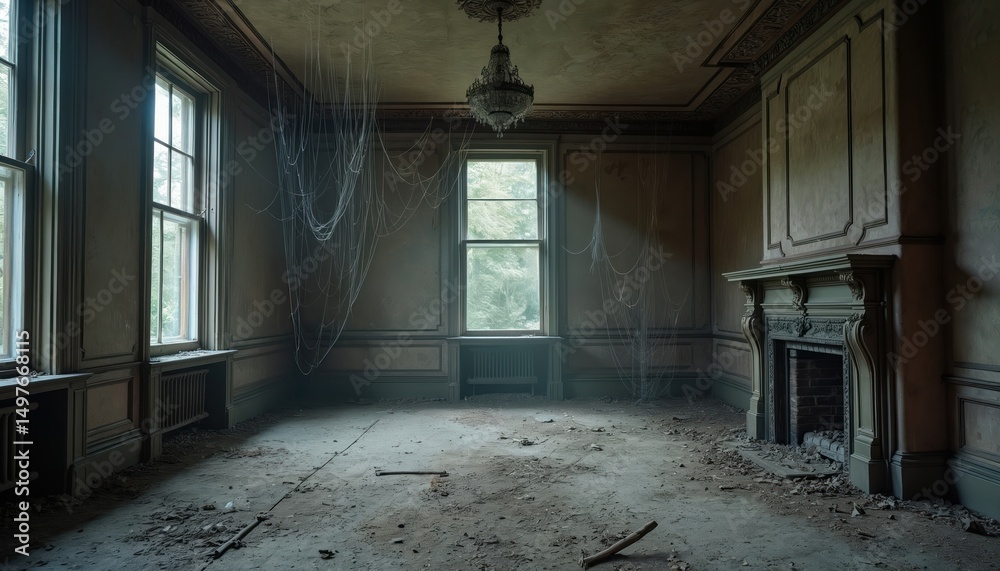 Abandoned Victorian mansion interior. Dust, cobwebs, and peeling paint ...