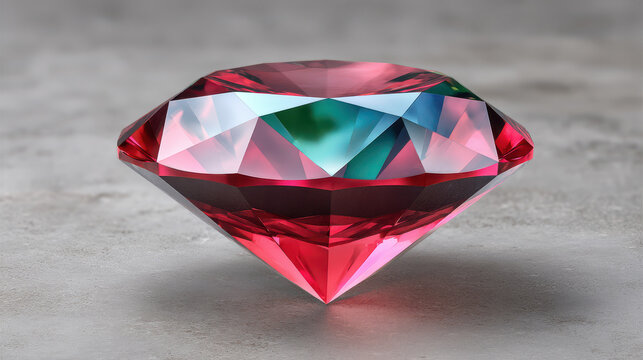 A digitally rendered image depicts a faceted gemstone with vibrant red, pink, and blue hues sitting on a neutral gray surface under even studio lighting, showing detail.