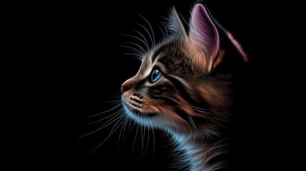 Poster - Colorful neon cat illustration shines bright on black background, adorned with glowing stars and sparkles, showcasing intricate details