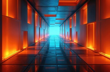 Fototapete - Futuristic corridor virtual reality video game level. 3D render with glowing orange and blue neon lights. Abstract digital art with tunnel perspective for sci-fi tech design or gaming background.