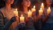 © Maryna - Group people hold candles, night solemn candlelight vigil. Soft light illuminates faces, expressing sorrow, remembrance support. Illustration gathering, demonstration, protest, reflecting community,