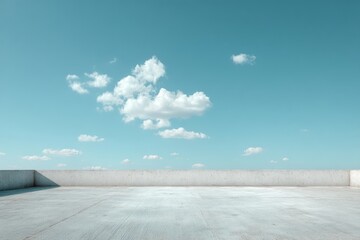 Poster - Minimalist scene showing a vast empty concrete surface under a clear sky with scattered clouds and a single white wall on the right.