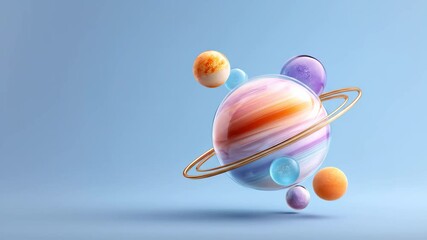 Poster - Abstract colorful cosmic illustration showing a striped planet sphere with rings and various floating glass orbs in a galaxy. Digital animation.