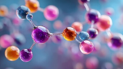 Poster - Colorful abstract molecule or atom structure with spheres and connections, 3d rendering for scientific model, medical research, or molecular biology concept, closeup footage.