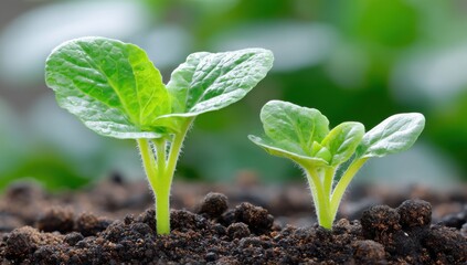 Aufkleber - Two Young Seedlings Sprouting in Soil, Symbolizing Growth and Sustainable Agriculture Practices for a Greener Future : Generative AI