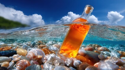 Aufkleber - Message in a Bottle Drifting in Tropical Waters, Representing Hope and Unexpected Discovery for Travel and Tourism Campaigns : Generative AI