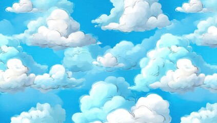 Wall Mural - a vibrant illustration of fluffy white clouds scattered across a clear blue sky.