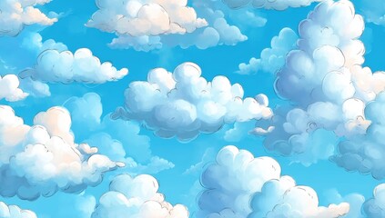 Wall Mural - a vibrant illustration of fluffy white clouds scattered across a clear blue sky.
