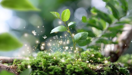 Aufkleber - Young Sprout Growing on Moss With Magical Light, Symbolizing Environmental Stewardship and Sustainable Business Practices : Generative AI