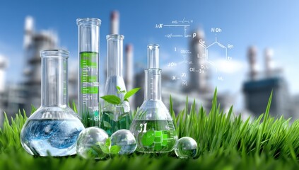 Poster - Laboratory Glassware with Green Liquid and Plant Life, Representing Sustainable Science and Green Chemistry Research for Environmental Responsibility : Generative AI