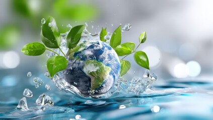 Poster - Earth Globe Surrounded by Water and Green Leaves, Symbolizing Environmental Awareness and Sustainable Business Practices : Generative AI