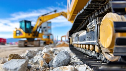 Leinwandbilder - Excavator Tracks and Rocks on Construction Site, Representing Infrastructure Development and Industrial Progress for Engineering and Building Projects : Generative AI