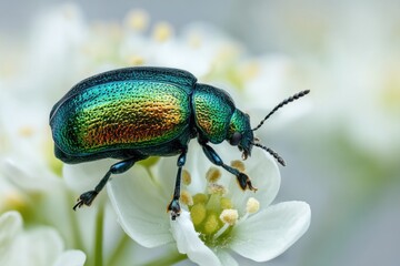 Poster - Iridescent Beetle Crawling on White Flower, Symbolizing Natural Beauty and Environmental Awareness, Perfect for Educational Materials and Conservation Campaigns : Generative AI