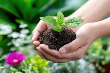 Aufkleber - Hands Holding a Sprout With Soil, Symbolizing Growth, Sustainability, and Environmental Stewardship in Agriculture and Horticulture : Generative AI
