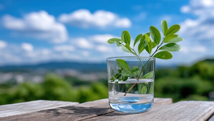 Aufkleber - Green Leaves in Glass of Water on Wooden Table Against Sky, Symbolizing Environmental Awareness and Sustainable Living : Generative AI