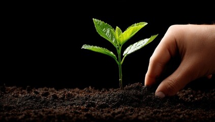 Aufkleber - Hand Planting a Young Sprout in Soil Against Black Backdrop, Symbolizing Growth and Environmental Sustainability for Corporate Responsibility Campaigns : Generative AI