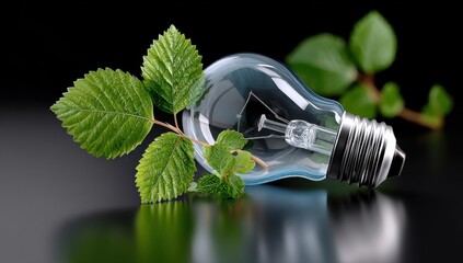 Aufkleber - Light Bulb with Green Leaves on Black Surface, Representing Environmental Awareness and Sustainable Innovation for Green Energy Solutions : Generative AI