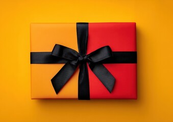 Poster - Orange and Red Gift Box Tied With Black Ribbon on Yellow Background, Perfect for Holiday Promotions and Special Occasions : Generative AI
