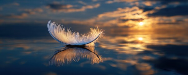Poster - Delicate Feather Floating on Water at Sunset, Symbolizing Serenity and Spiritual Reflection for Wellness Retreats and Mindfulness Campaigns : Generative AI