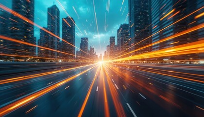 Poster - Futuristic city with motion blur. Orange light trails show high speed data transfer tech. Modern skyscrapers skyline, digital connection, information flow, network concept.