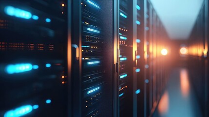 Fototapete - Data center hallway with glowing blue and orange server lights, capturing advanced network infrastructure and cloud systems, perfect for tech marketing, web hosting, or IT visuals