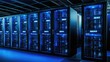 © TommyNa - High-tech server room with illuminated blue network racks in a secure facility, showcasing cutting-edge data infrastructure for cloud computing, enterprise IT, and cybersecurity use