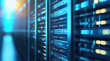 Aufkleber - Modern data center with glowing blue server racks, representing cloud storage, high-speed networking, and digital infrastructure, ideal for tech ads, IT blogs, and cloud services