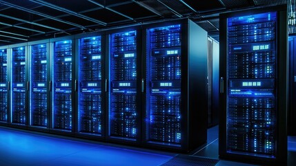 Aufkleber - High-tech server room with illuminated blue network racks in a secure facility, showcasing cutting-edge data infrastructure for cloud computing, enterprise IT, and cybersecurity use