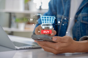 Aufkleber - Digital Shopping Concept with Hand Holding Smartphone and Buy Button, Showing Ecommerce Technology in Action at Home or Office for Fast Online Retail Convenience and Global Consumer Connection