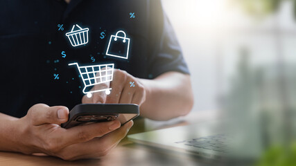 Aufkleber - E-commerce and online shopping concept with man using smartphone to browse products and make digital purchases, illustrating mobile commerce, and the shift toward digital retail experiences