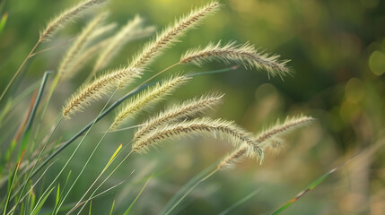 Wall Mural - a fresh spring sunny garden background of green grass and blurred foliage bokeh.
