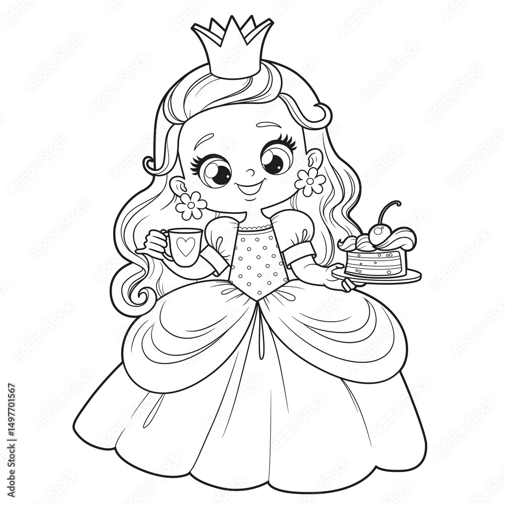Princess Coloring Menu Cute cartoon princess in a lush dress with a piece of cake on a plate ...