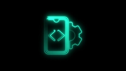 Animated neon code on mobile phone with cogwheel on a black background