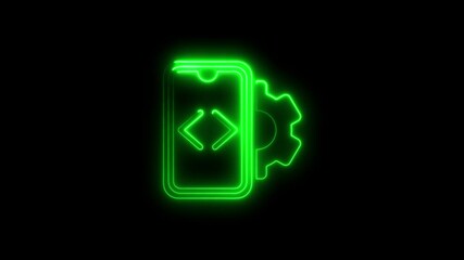 animated glowing green neon code app icon and settings cogwheel on black background