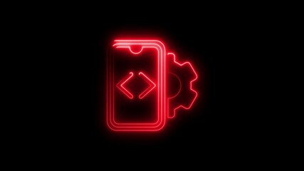 Animated neon red code and settings icon against black background