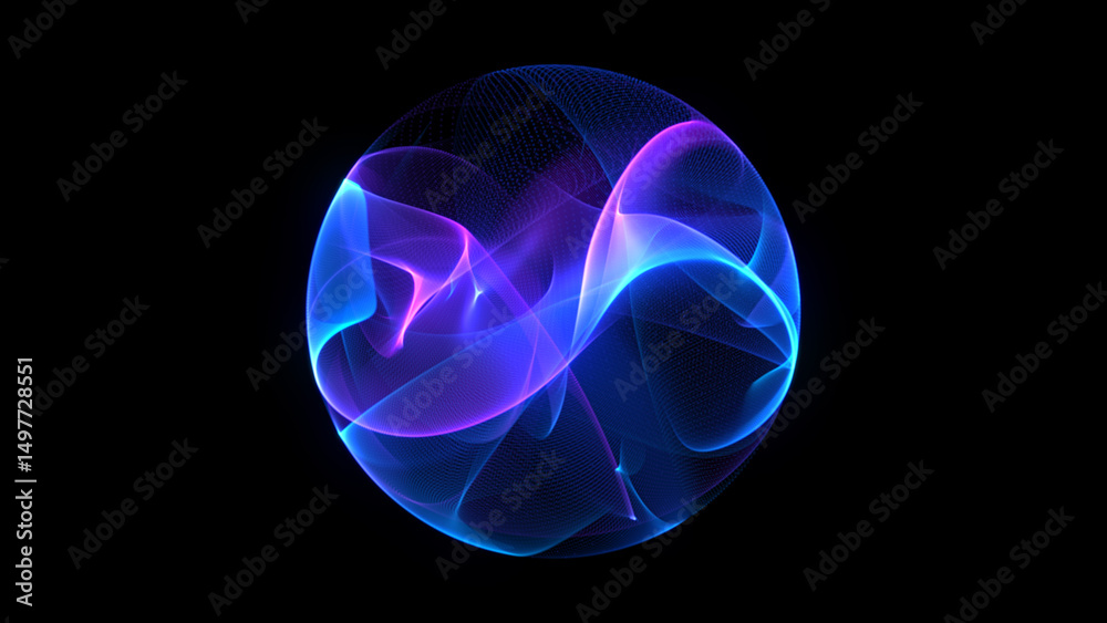 Neon futuristic 3d sphere of blue and purple glowing digital waves and ...