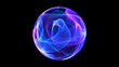 © Alesia - Vibrant 3d sphere of purple and blue waves and glowing particles. Abstract technology concept, Artificial Intelligence, engineering, big data, machine learning. Glowing energy orb on black.