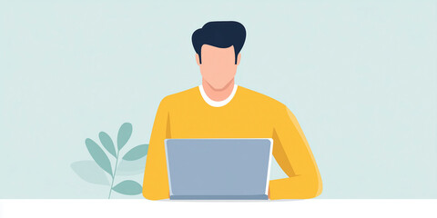 Fototapete - Young man working on laptop in a bright workspace with greenery and soft colors, modern illustration of remote work concept